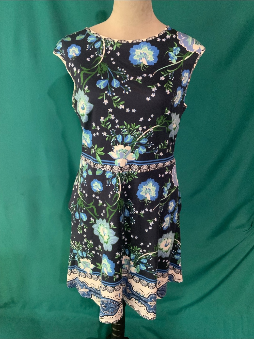 New York & Company Navy Floral Sleeveless Sundress with Blue and Green Blooms